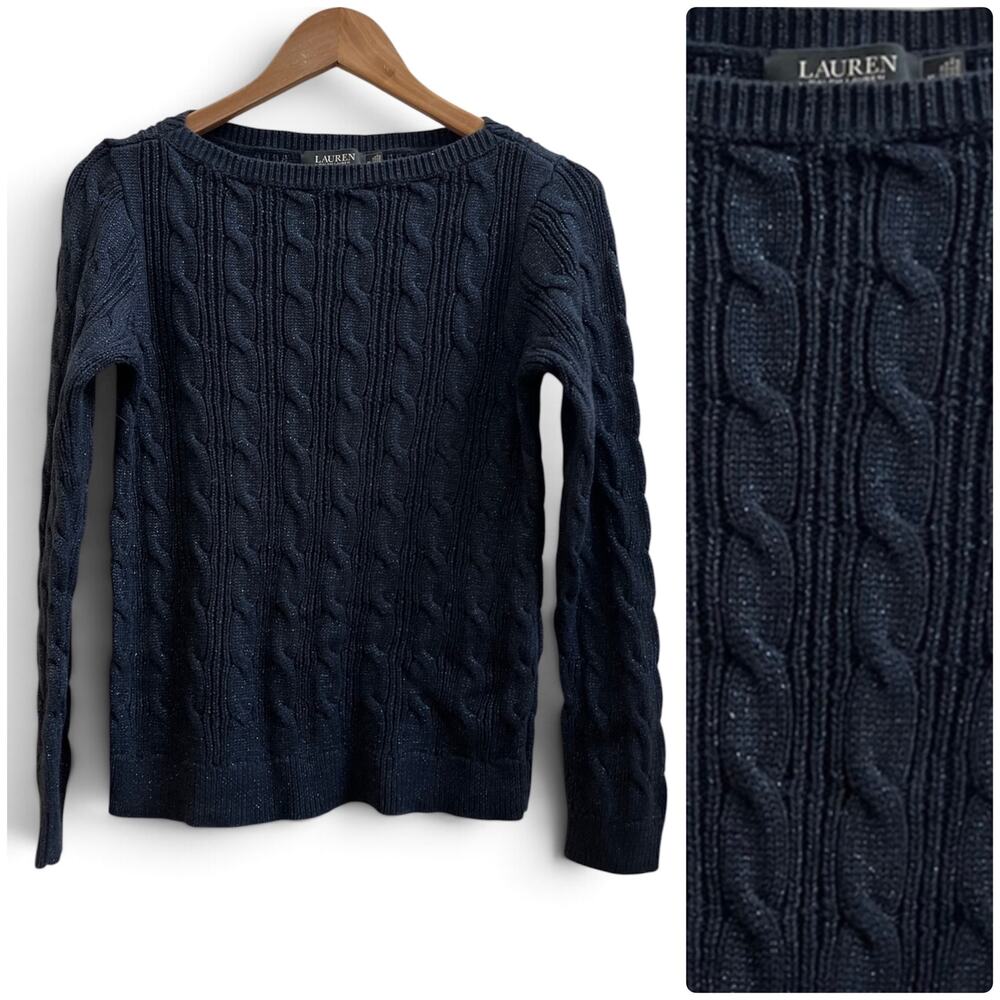 Lauren Ralph Lauren Navy Blue Metallic Cable Knit Pullover Sweater Medium Preppy